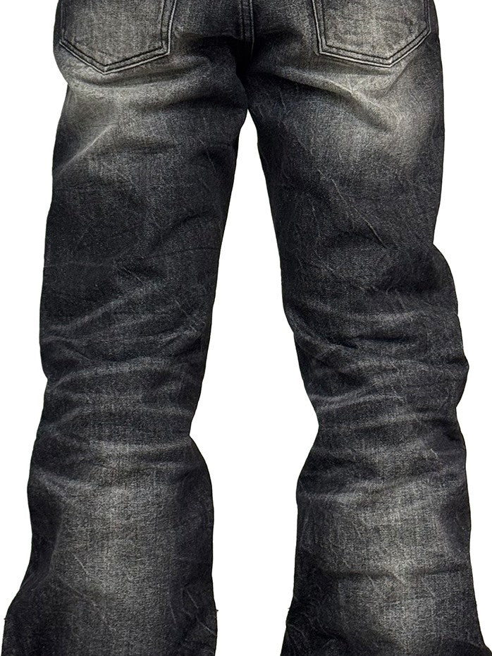 NumbAsia Water Ripple Whisker Ripped Women's Black 13oz Denim Straight-leg Jeans