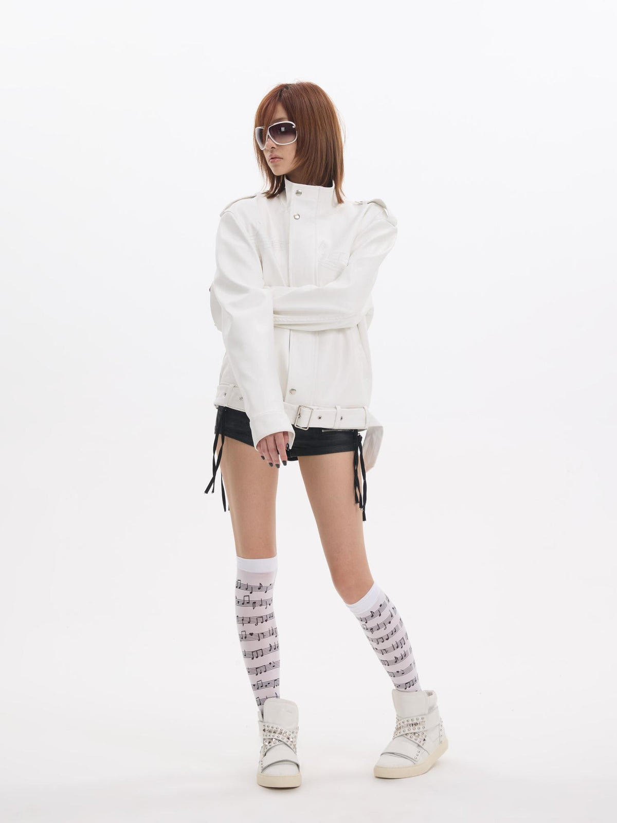 NumbAsia White Music Note Embroidered Guitar Sequin Women's Pu Leather Jackets