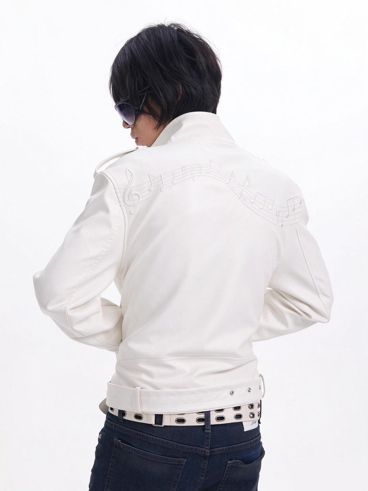 NumbAsia White Music Note Embroidered Guitar Sequin Women's Pu Leather Jackets