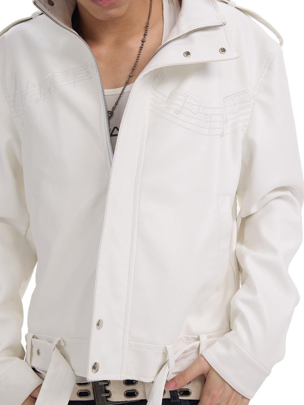 NumbAsia White Music Note Embroidered Guitar Sequin Women's Pu Leather Jackets