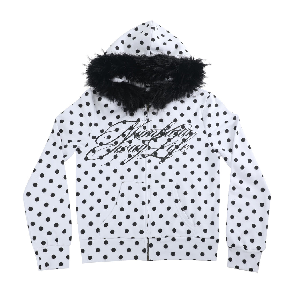 NumbAsia_White_Polka_Dot_Glitter_Logo_Print_Fur_Trim_Women's_Cotton_Blend_Zip-up_Hoodies_1073839346589_MISSTT