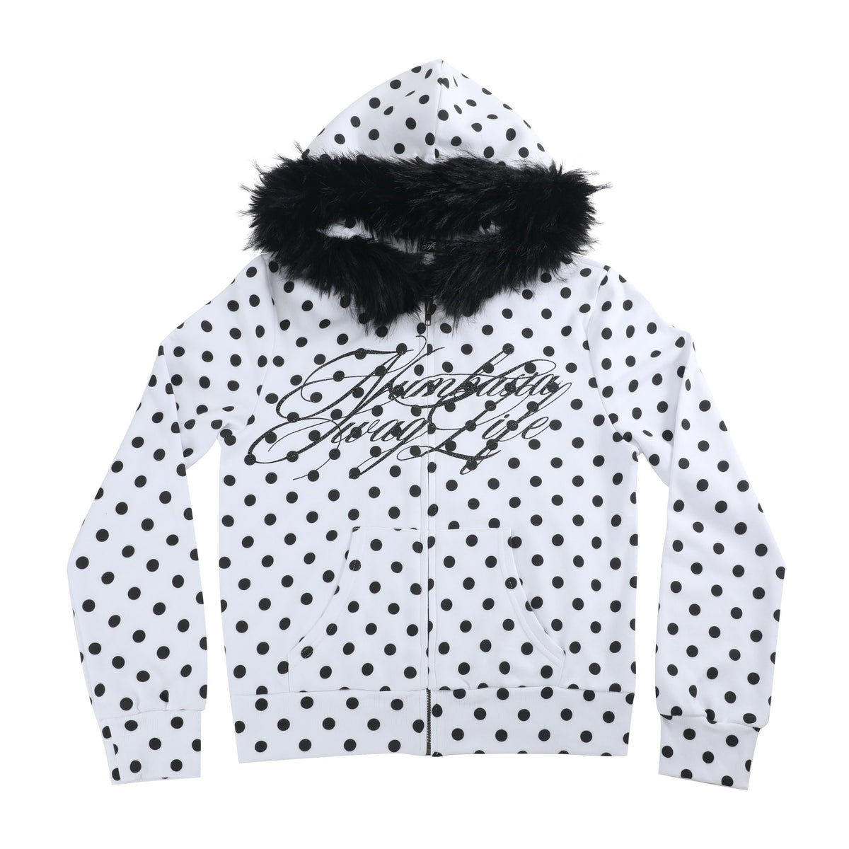 NumbAsia_White_Polka_Dot_Glitter_Logo_Print_Fur_Trim_Women's_Cotton_Blend_Zip-up_Hoodies_1073839346589_MISSTT