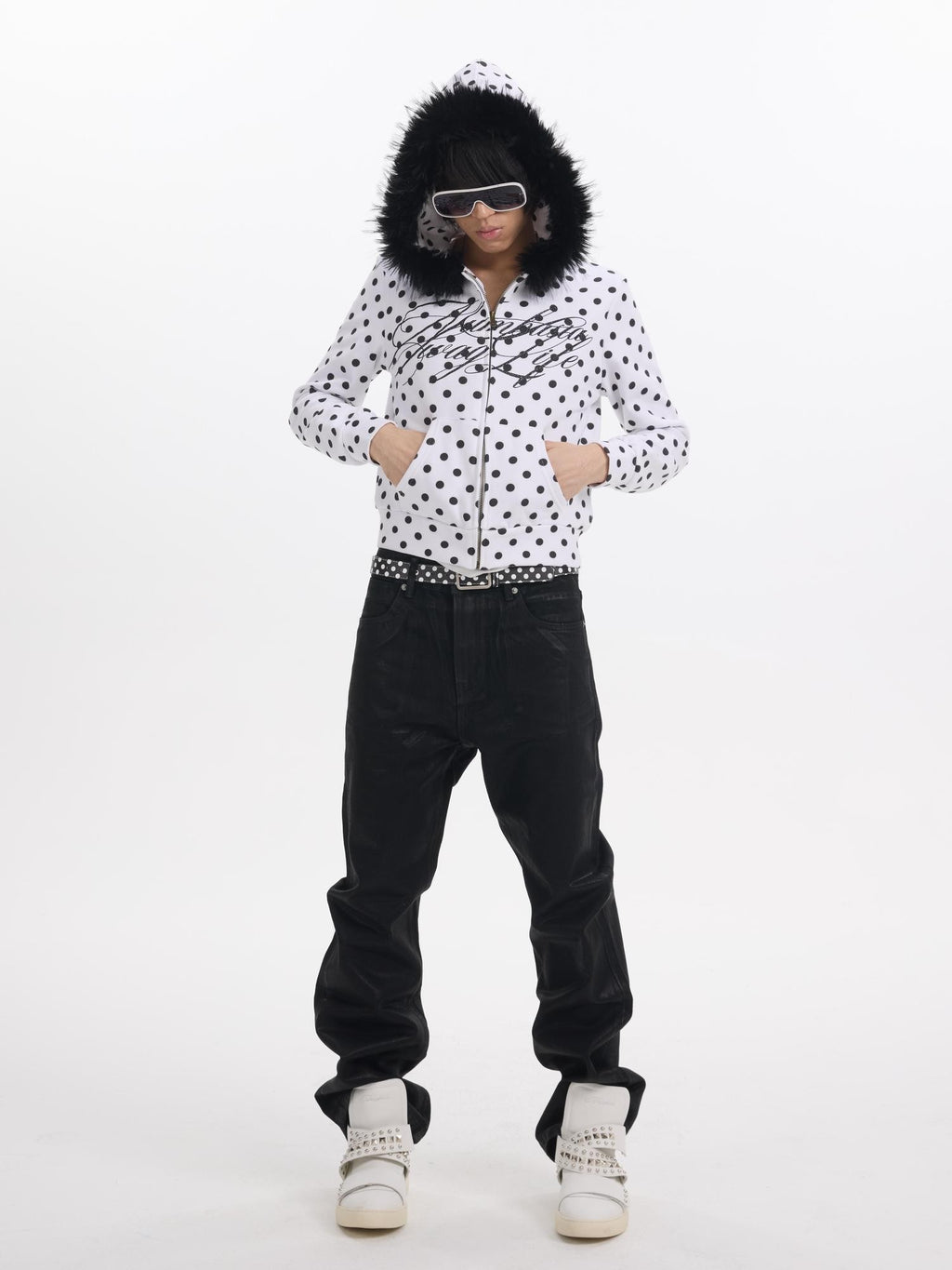NumbAsia White Polka Dot Glitter Logo Print Fur Trim Women's Cotton Blend Zip-up Hoodies