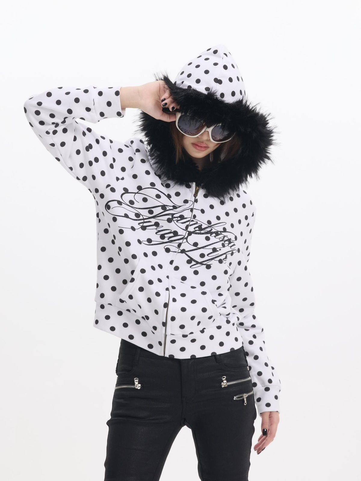 NumbAsia White Polka Dot Glitter Logo Print Fur Trim Women's Cotton Blend Zip-up Hoodies