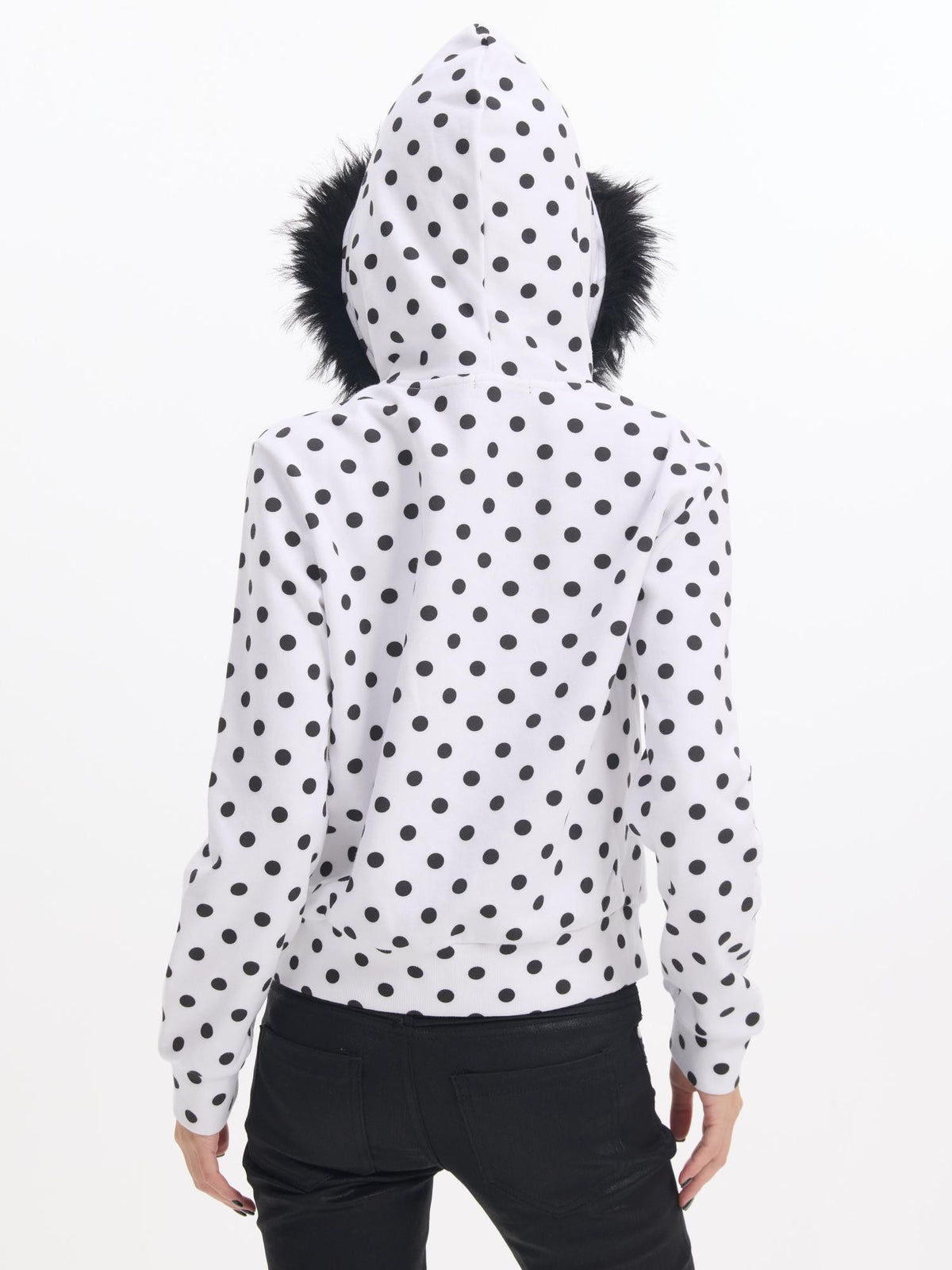 NumbAsia White Polka Dot Glitter Logo Print Fur Trim Women's Cotton Blend Zip-up Hoodies