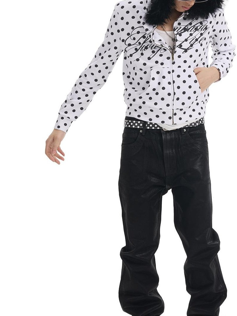 NumbAsia White Polka Dot Glitter Logo Print Fur Trim Women's Cotton Blend Zip-up Hoodies