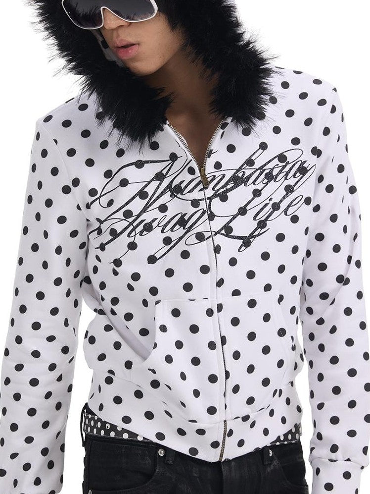 NumbAsia White Polka Dot Glitter Logo Print Fur Trim Women's Cotton Blend Zip-up Hoodies