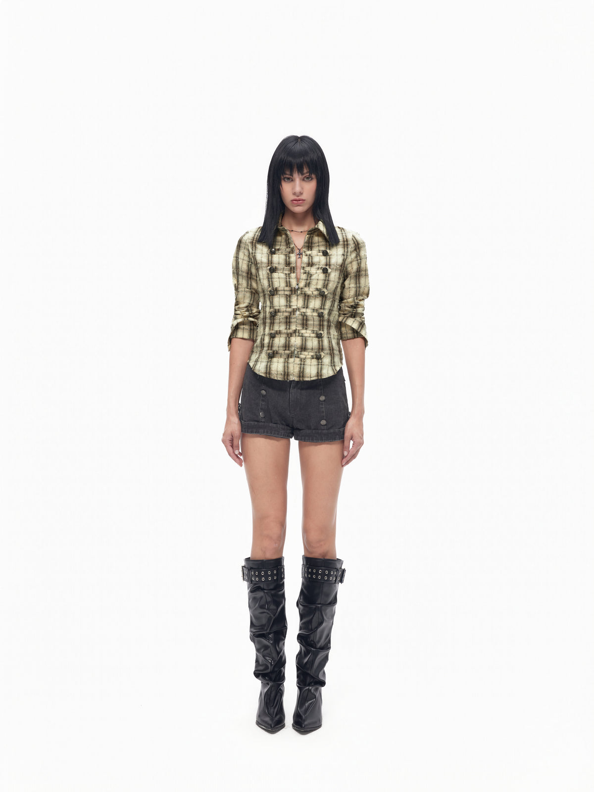 TOOOLAZY_Khaki_Plaid_Double_Breasted_Waist_Cinching_Contrast_Trim_Women's_Shirts_1072042488411_MISSTT
