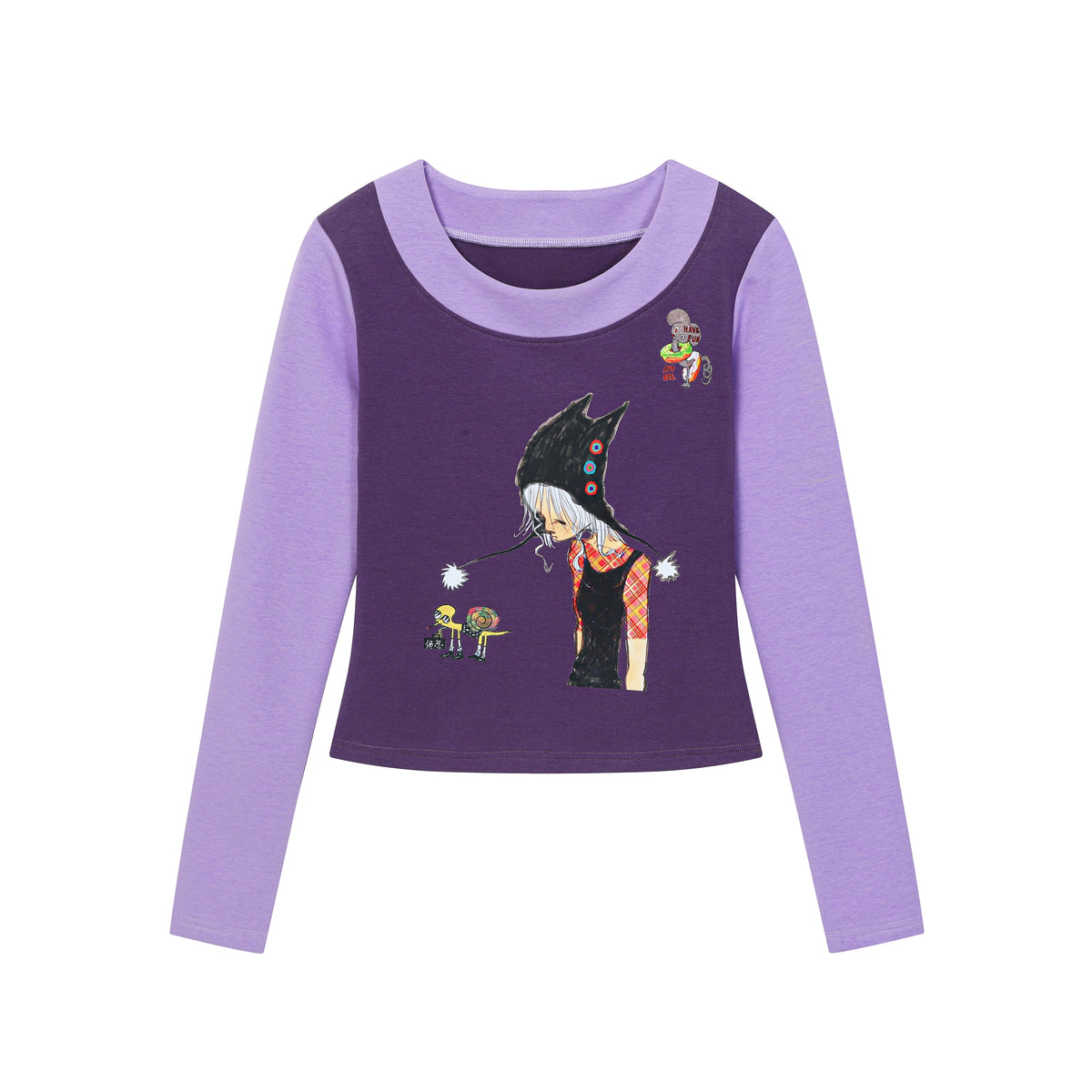 BlackBerry_Purple_Patchwork_Cat_Eye_Print_Women's_Cotton_Blend_Long_Sleeve_T-shirts_1000822575733_MISSTT
