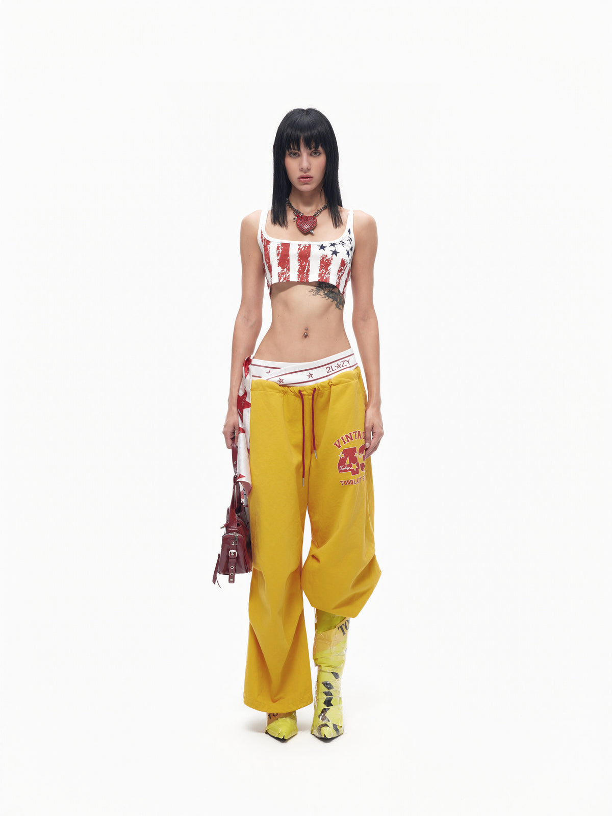 TOOOLAZY_Bright_Yellow_Cross_Waistband_Letter_Print_Women's_Cotton_Wide-leg_Pants_1069198067630_MISSTT