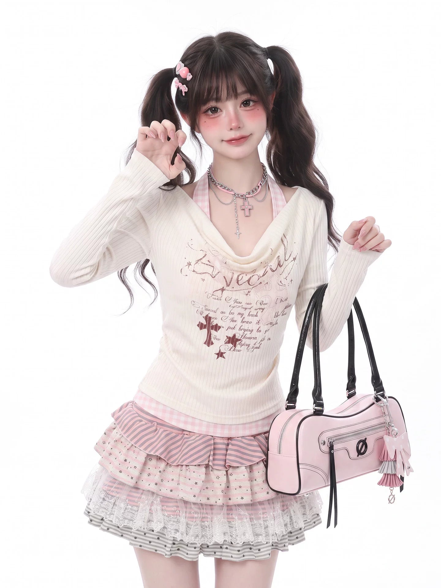 LaceBravo_Sweet_Faux_Two_Piece_Halter_Cross_Print_Women's_Lace_Long_Sleeve_T-shirts_1071810212325_MISSTT