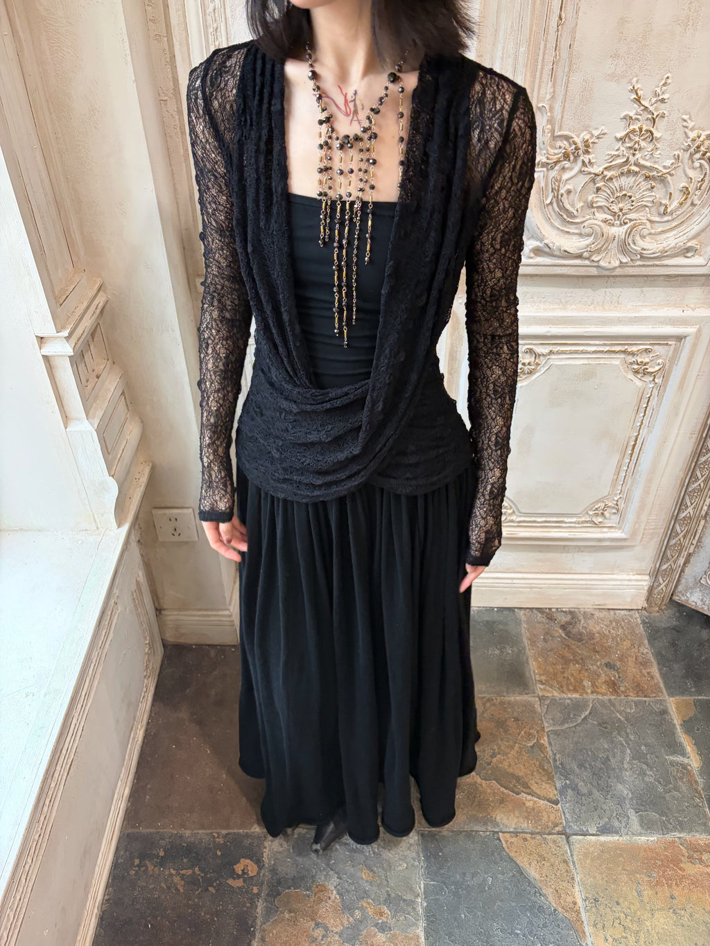 ANTIMOON_Sheer_Lace_Knot_Draped_Neck_Ruched_Women's_Long_Sleeve_T-shirts_1075301651191_MISSTT