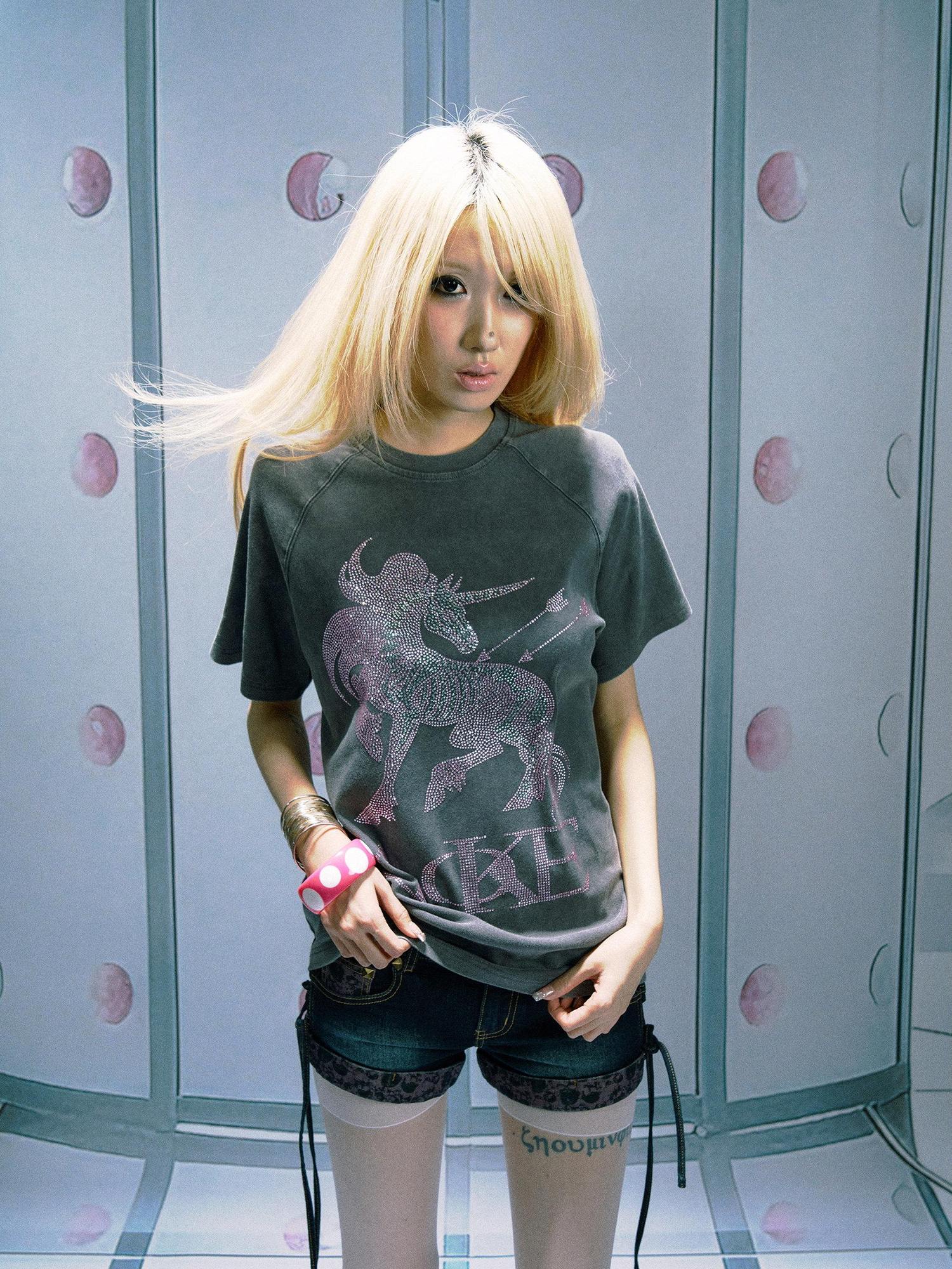 PAIKI 100% Cotton Sorona Studded Crewneck Unisex Pony Print Short Sleeve T-Shirts