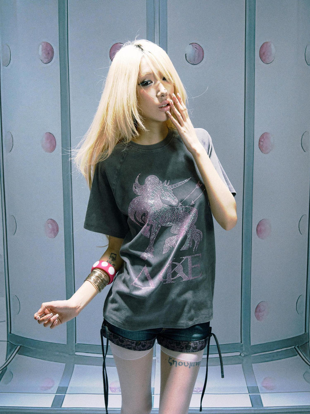 PAIKI 100% Cotton Sorona Studded Crewneck Unisex Pony Print Short Sleeve T-Shirts