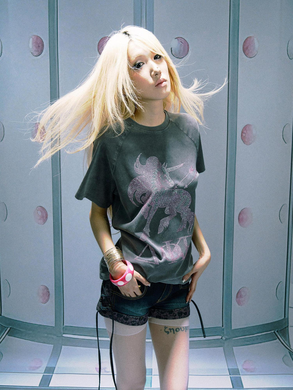 PAIKI 100% Cotton Sorona Studded Crewneck Unisex Pony Print Short Sleeve T-Shirts