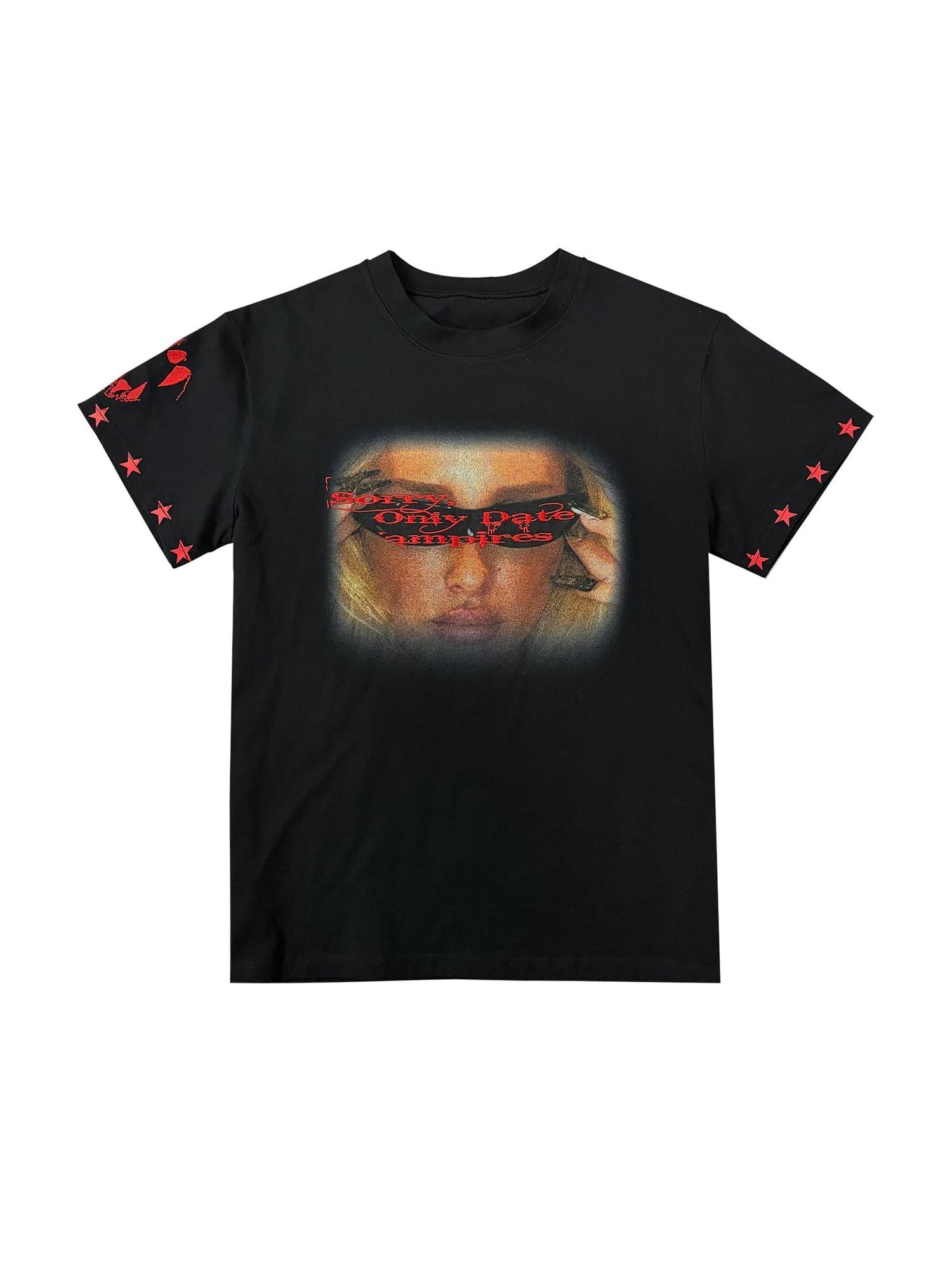PAIKI 100% Cotton Star Digital Print Unisex Crewneck Black Short Sleeve T-Shirts