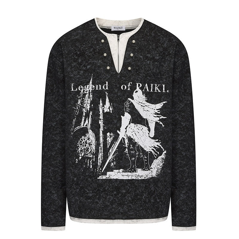 PAIKI_100_Percent_Cotton_Loose_V-neck_Pullover_Button_Graphic_Unisex_Black_Sweatshirts_MISSTT