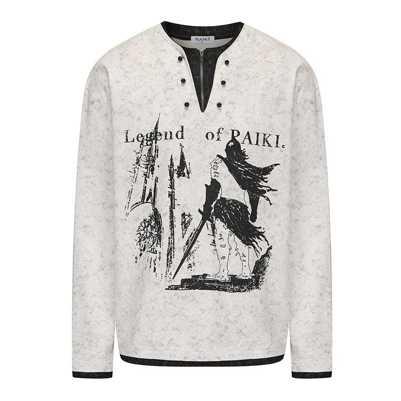 PAIKI_100_Percent_Cotton_Loose_V-neck_Pullover_Button_Graphic_Unisex_Black_Sweatshirts_MISSTT