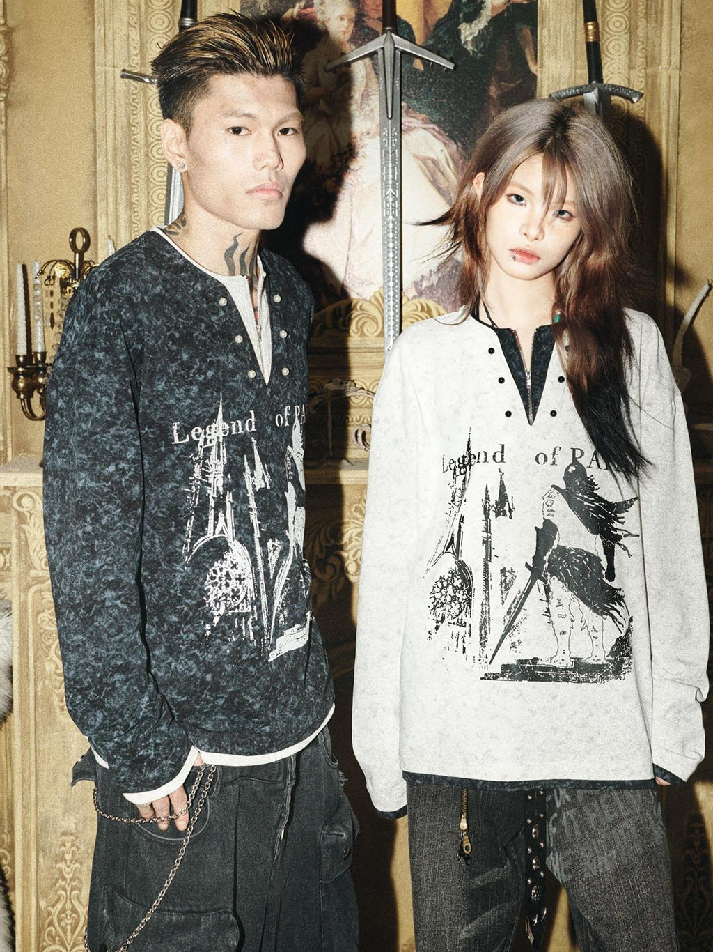 PAIKI 100 Percent Cotton Loose V-neck Pullover Button Graphic Unisex Black Sweatshirts