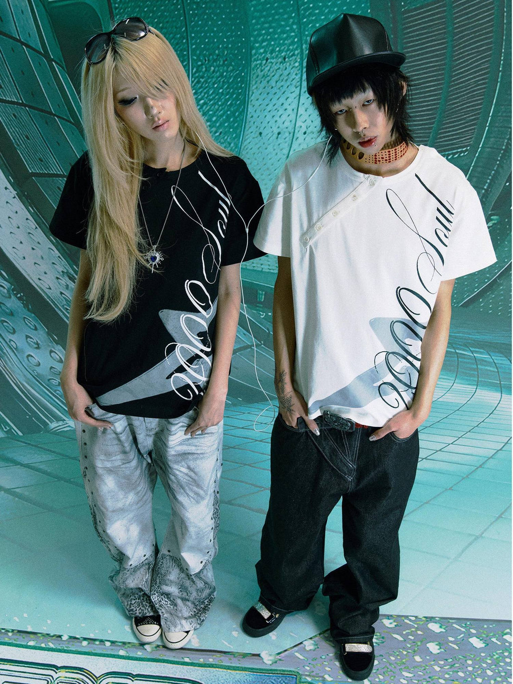 PAIKI 100 Percent Cotton Sorona Rock Print Asymmetric Neck Unisex Short Sleeve T-Shirts