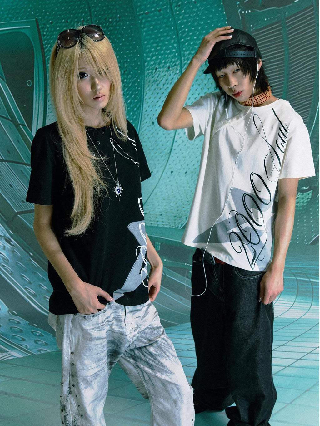 PAIKI 100 Percent Cotton Sorona Rock Print Asymmetric Neck Unisex Short Sleeve T-Shirts