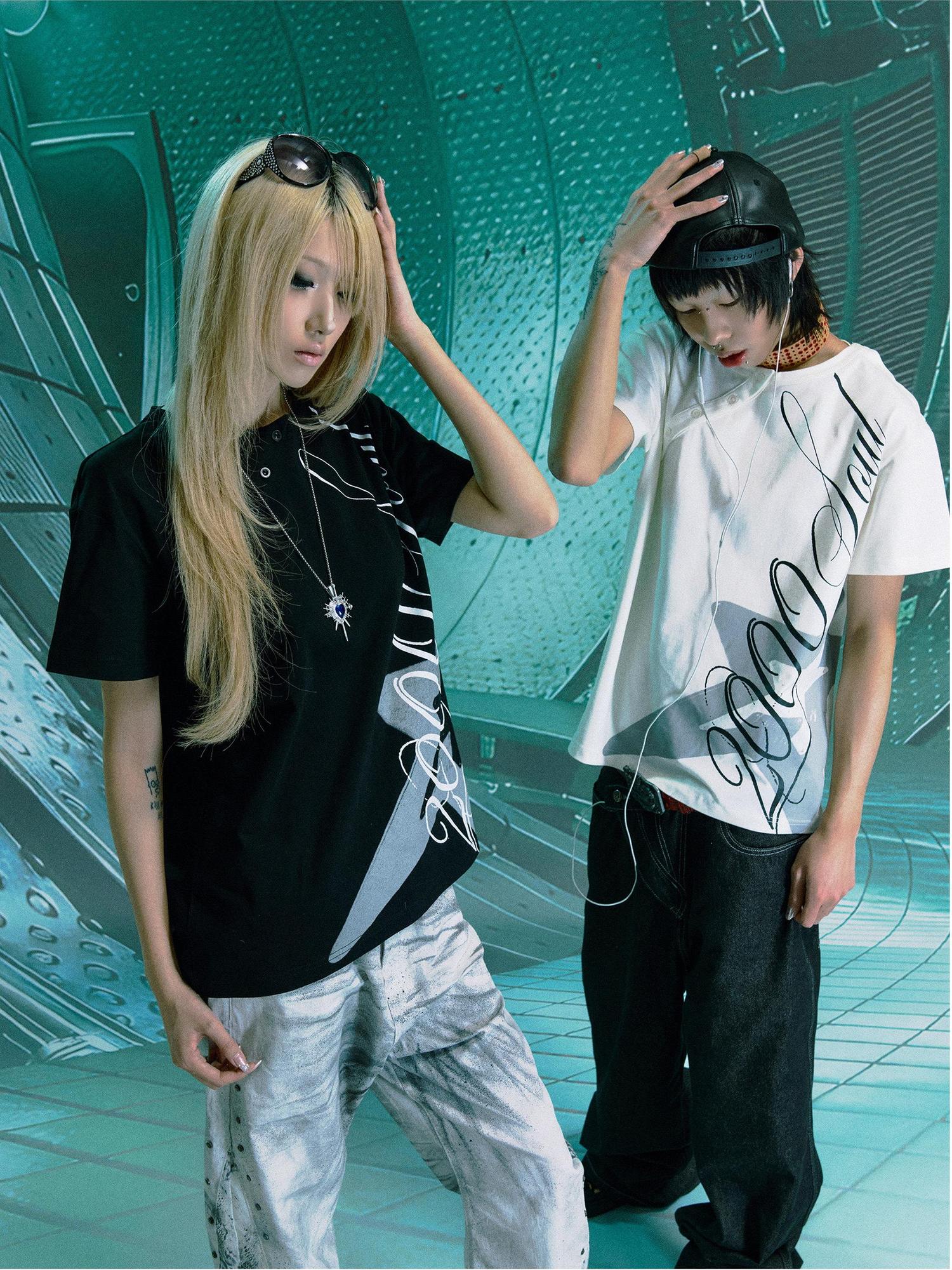 PAIKI 100 Percent Cotton Sorona Rock Print Asymmetric Neck Unisex Short Sleeve T-Shirts