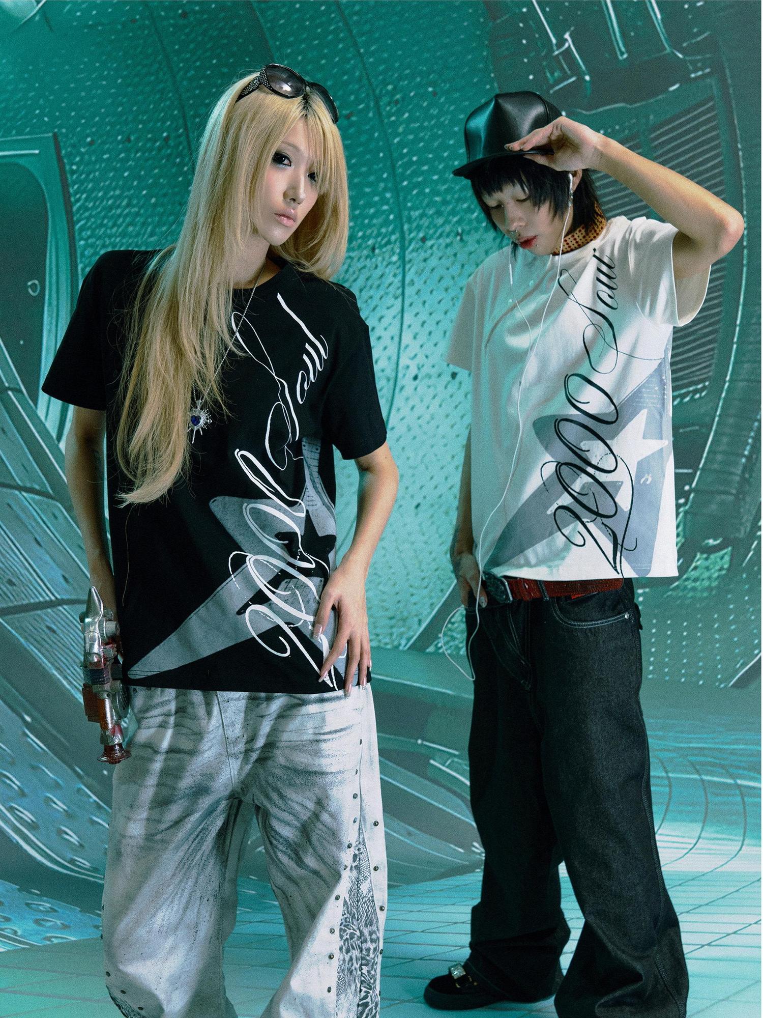 PAIKI 100 Percent Cotton Sorona Rock Print Asymmetric Neck Unisex Short Sleeve T-Shirts