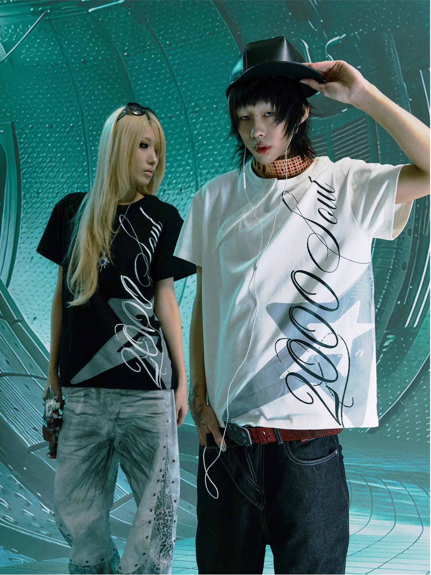 PAIKI 100 Percent Cotton Sorona Rock Print Asymmetric Neck Unisex Short Sleeve T-Shirts