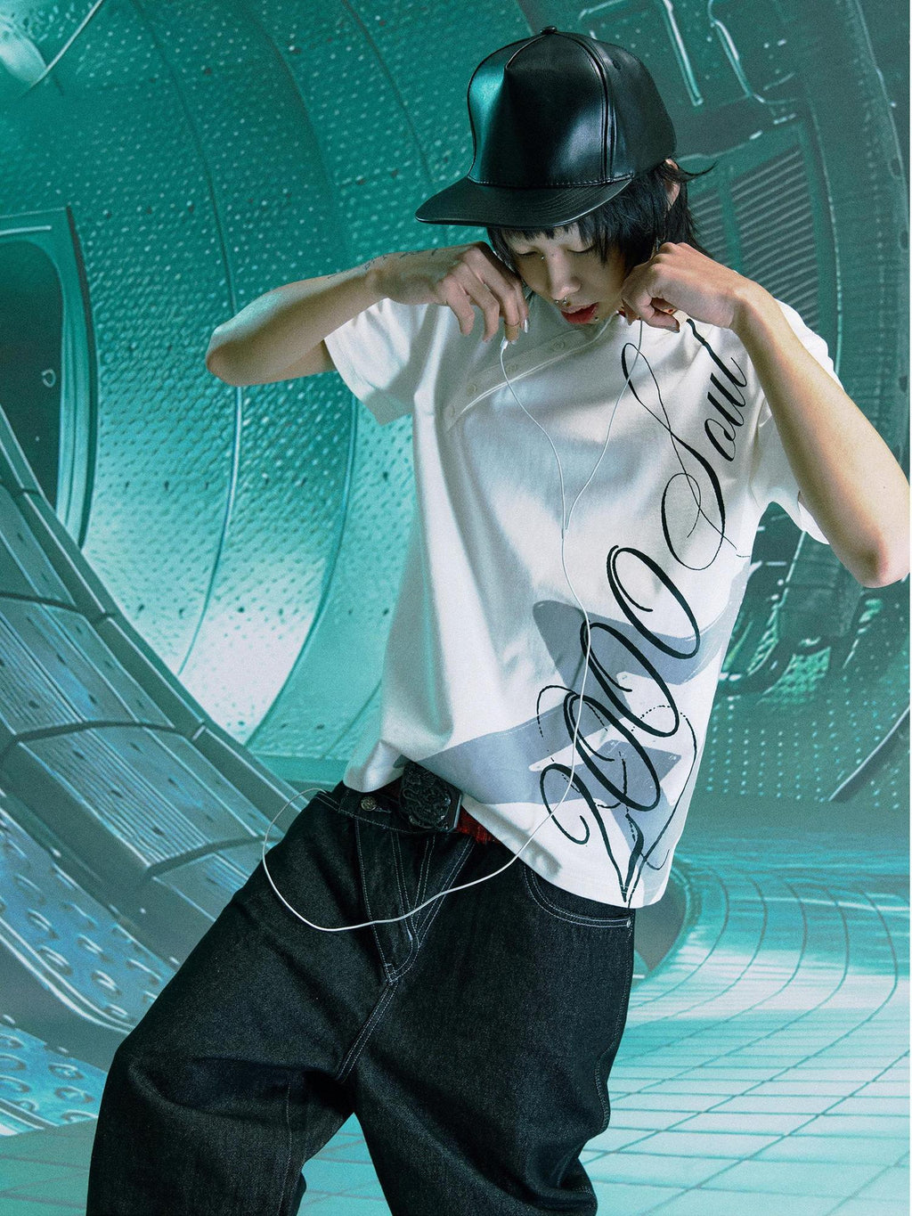 PAIKI 100 Percent Cotton Sorona Rock Print Asymmetric Neck Unisex Short Sleeve T-Shirts