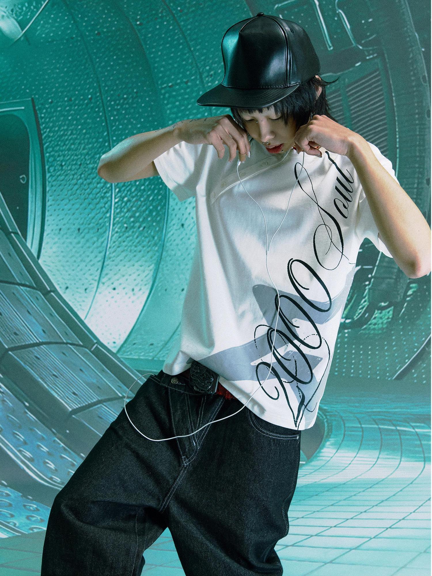 PAIKI 100 Percent Cotton Sorona Rock Print Asymmetric Neck Unisex Short Sleeve T-Shirts
