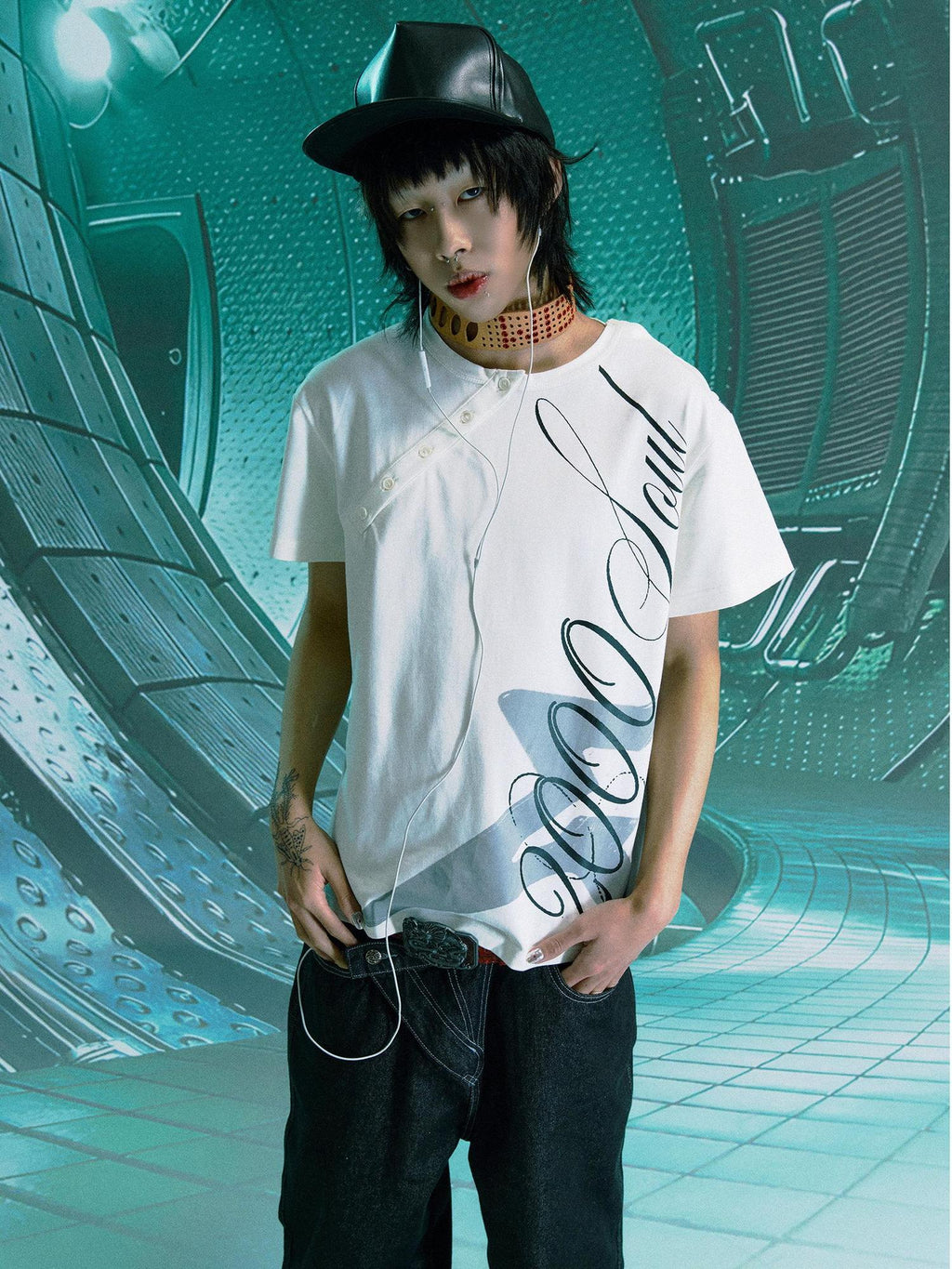 PAIKI 100 Percent Cotton Sorona Rock Print Asymmetric Neck Unisex Short Sleeve T-Shirts