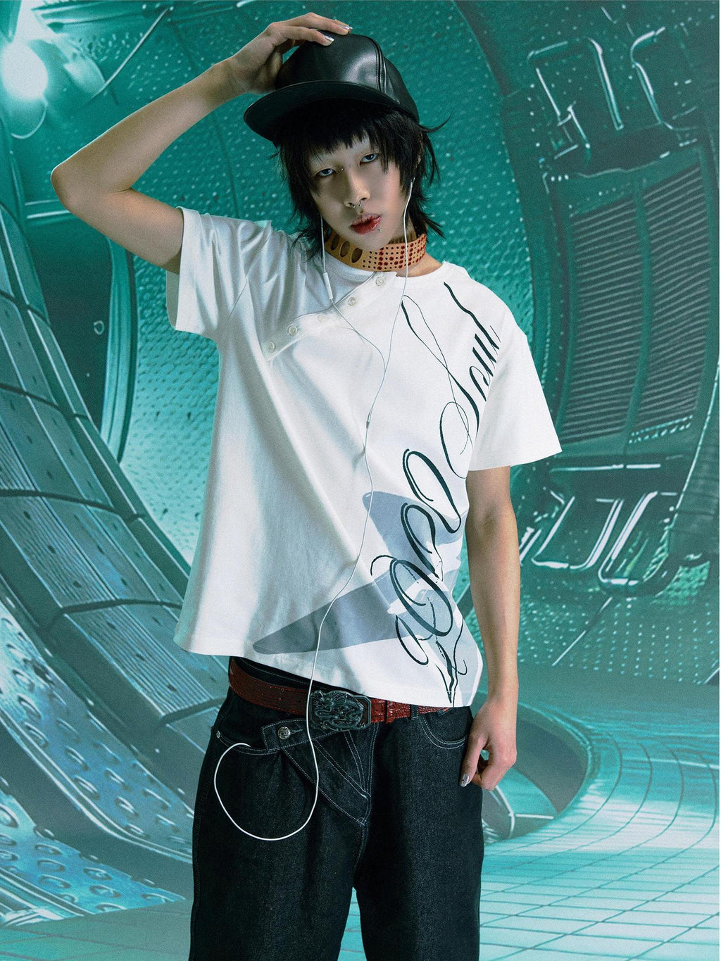 PAIKI 100 Percent Cotton Sorona Rock Print Asymmetric Neck Unisex Short Sleeve T-Shirts