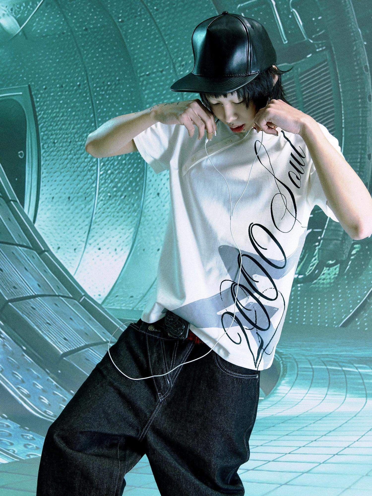PAIKI 100 Percent Cotton Sorona Rock Print Asymmetric Neck Unisex Short Sleeve T-Shirts