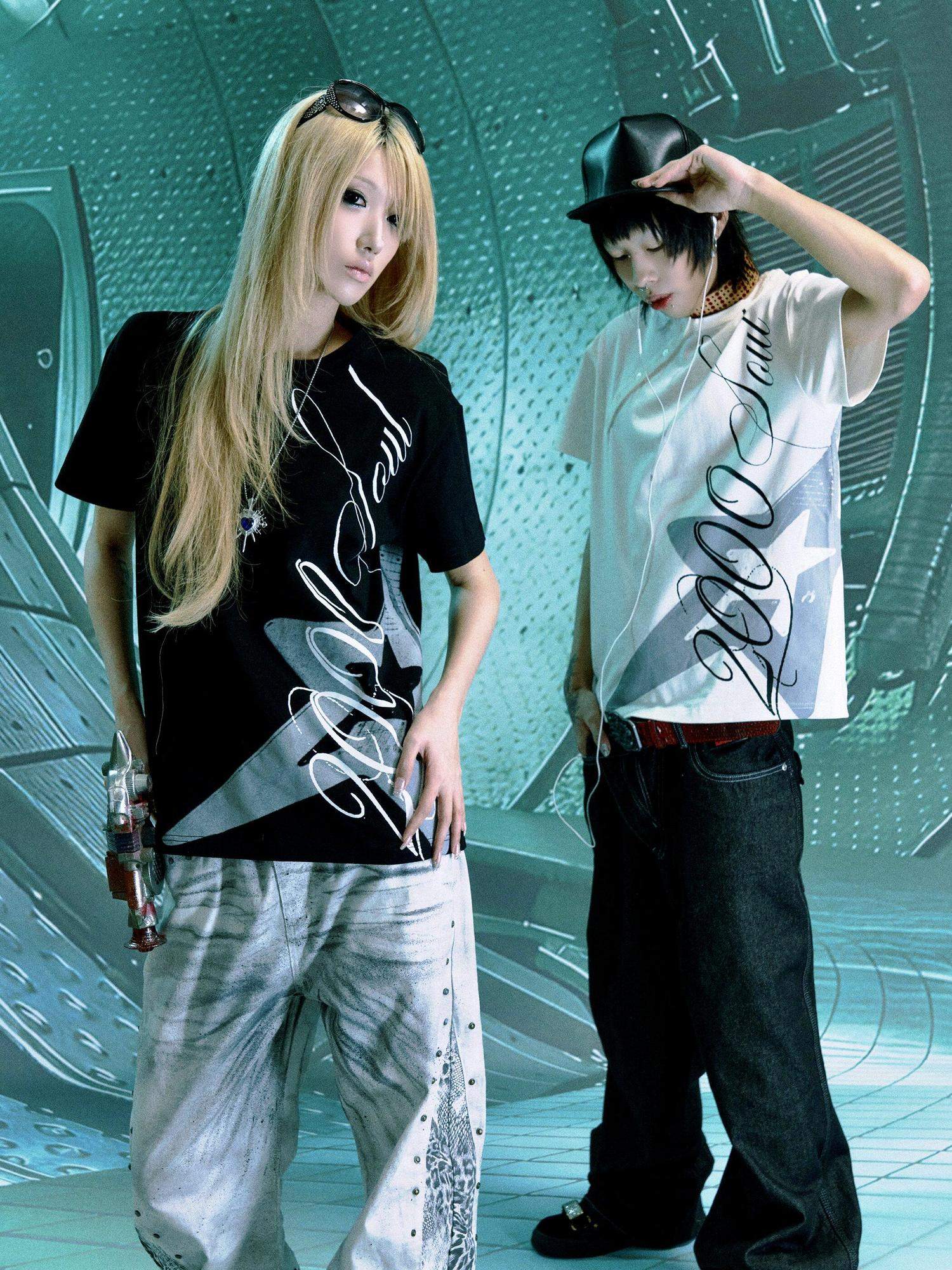 PAIKI 100 Percent Cotton Sorona Rock Print Asymmetric Neck Unisex Short Sleeve T-Shirts