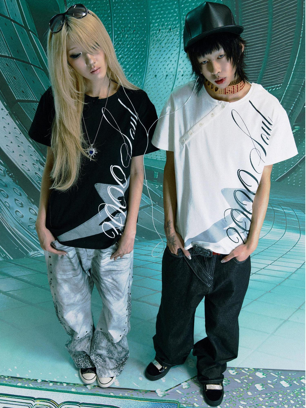 PAIKI 100 Percent Cotton Sorona Rock Print Asymmetric Neck Unisex Short Sleeve T-Shirts