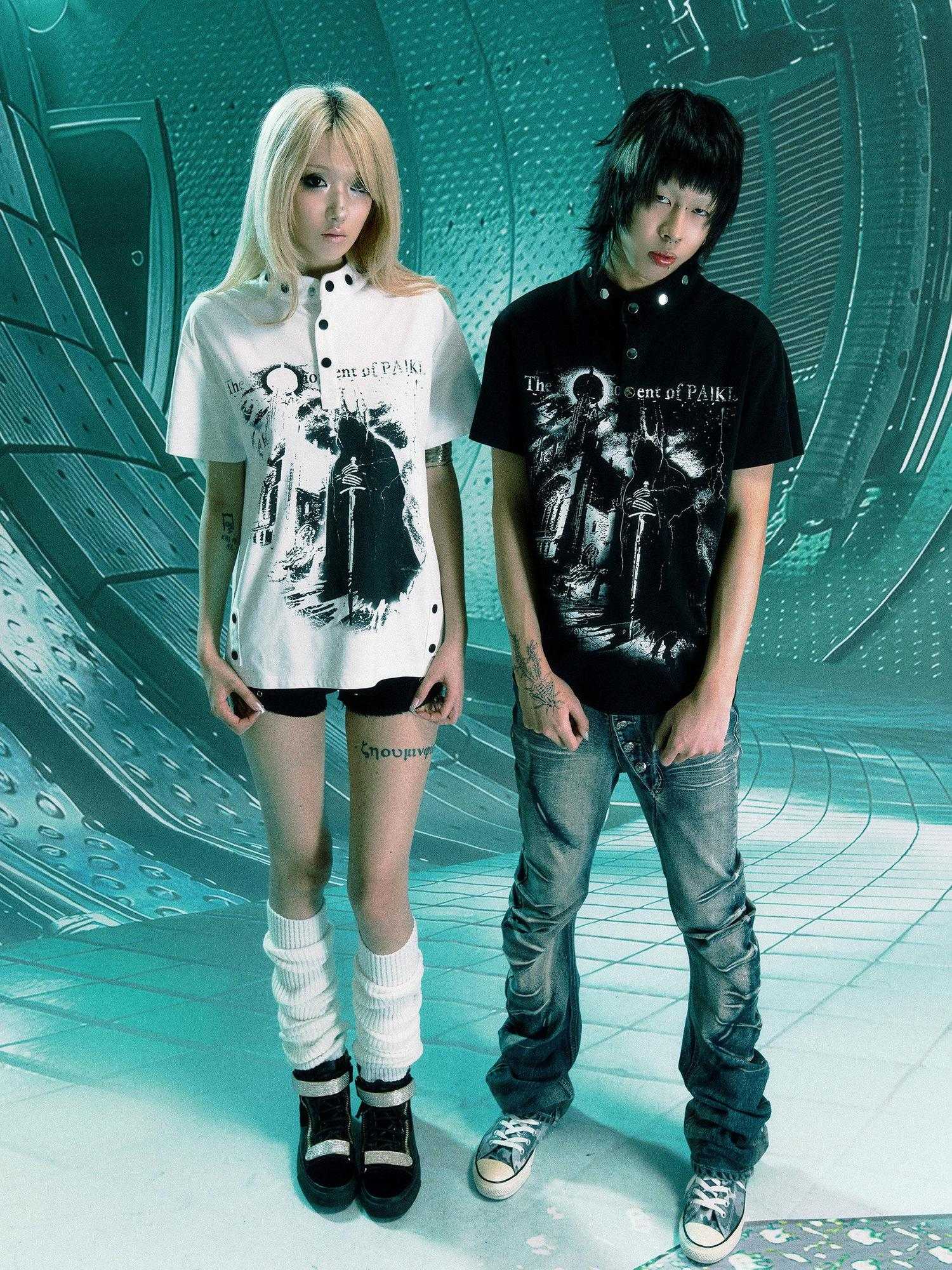 PAIKI 3D Cut Printed Faux Layered Casual V-neck Unisex Graphic Short Sleeve T-Shirts