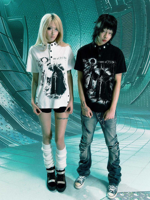 PAIKI 3D Cut Printed Faux Layered Casual V-neck Unisex Graphic Short Sleeve T-Shirts