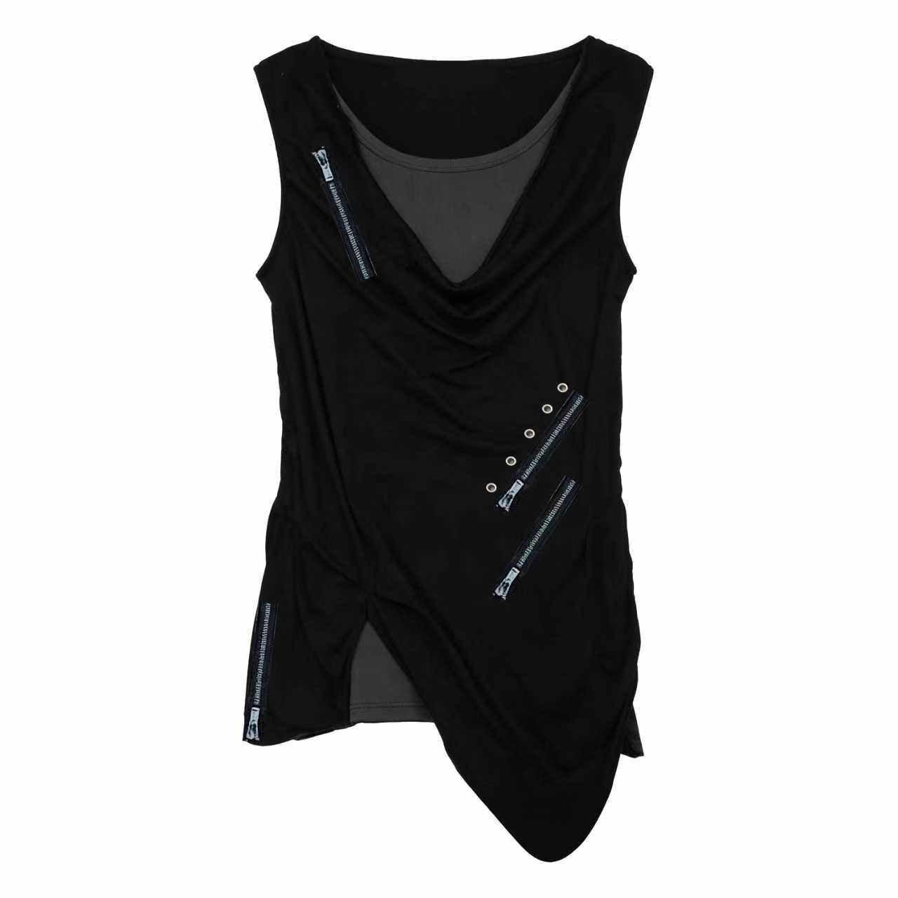 PAIKI_3D_Metal_Decor_Slim_Asymmetric_Cowl_Neck_Unisex_Black_Geometric_Tank_Tops_MISSTT