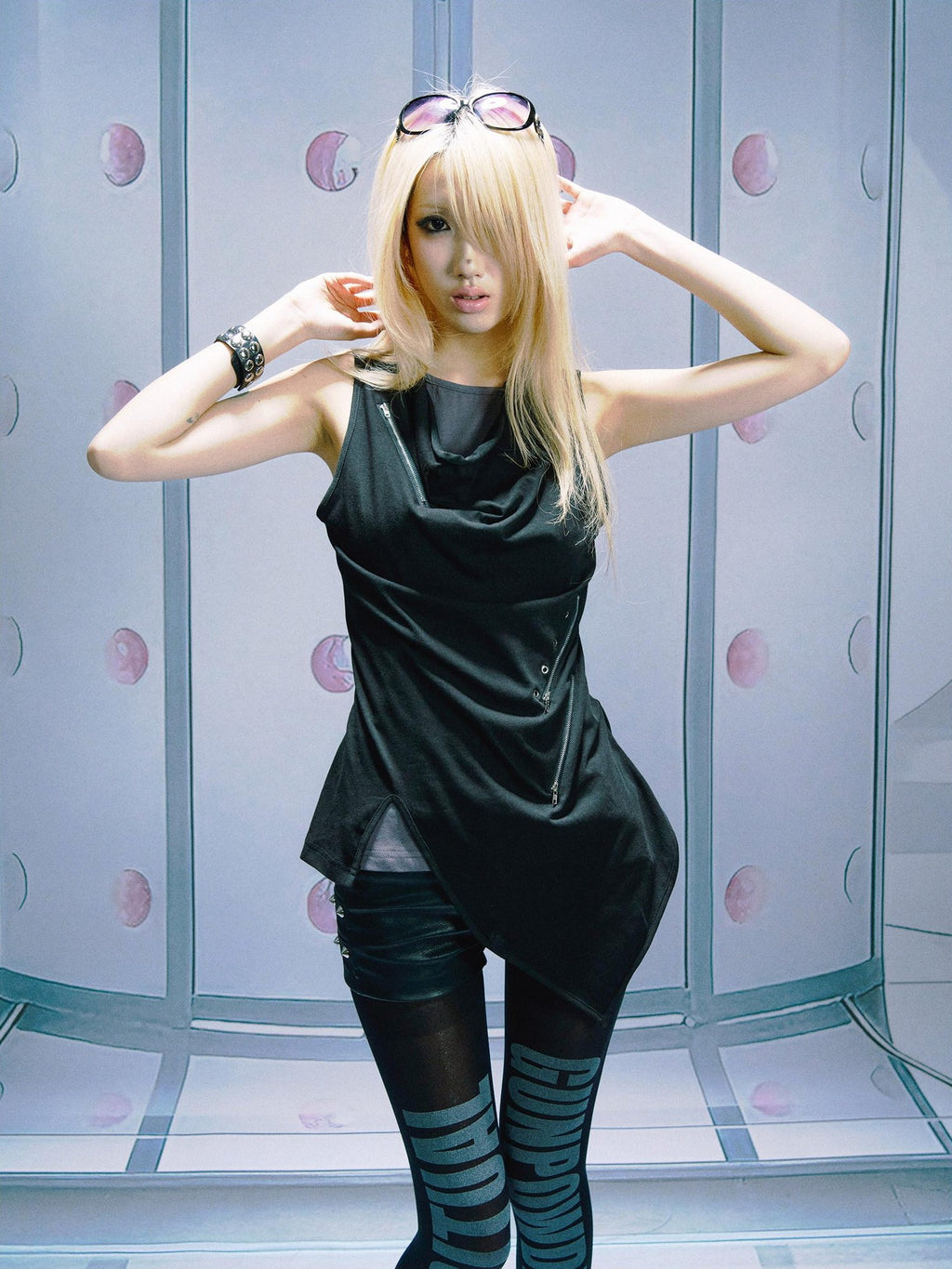 PAIKI 3D Metal Decor Slim Asymmetric Cowl Neck Unisex Black Geometric Tank Tops