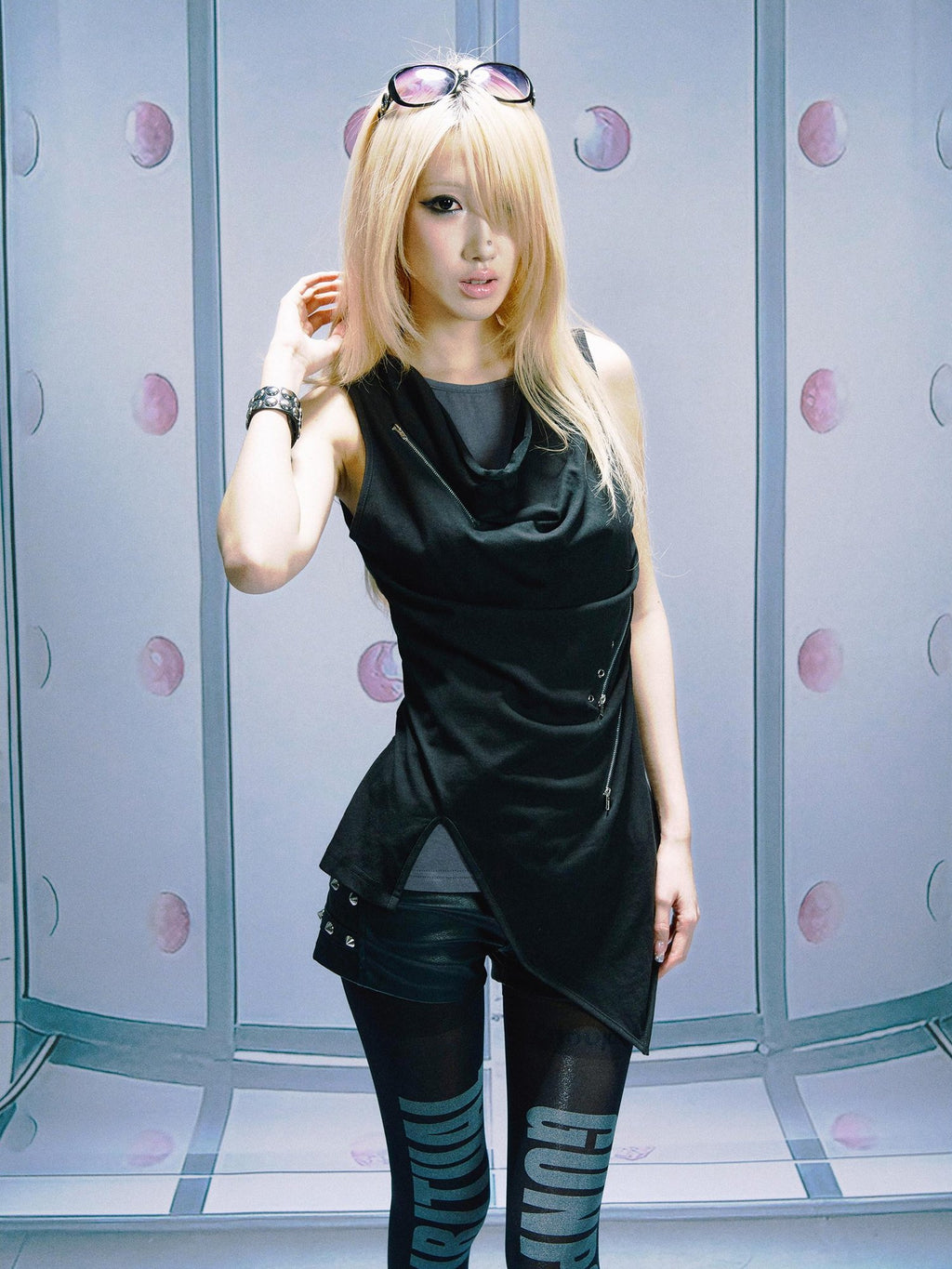 PAIKI 3D Metal Decor Slim Asymmetric Cowl Neck Unisex Black Geometric Tank Tops