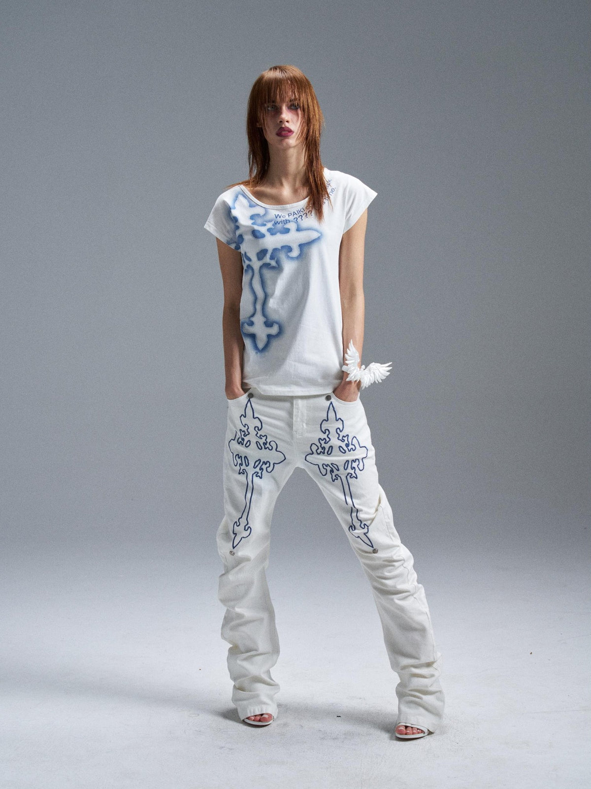 PAIKI Angel Cross Letter Print Slim Fit Women's Cotton Short Sleeve T-shirts