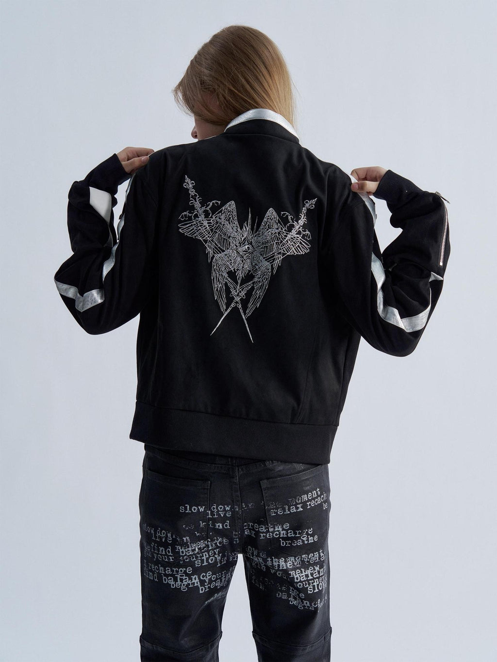 PAIKI Angel Wings Studded Embroidered Faux Suede Women's Harrington Jackets