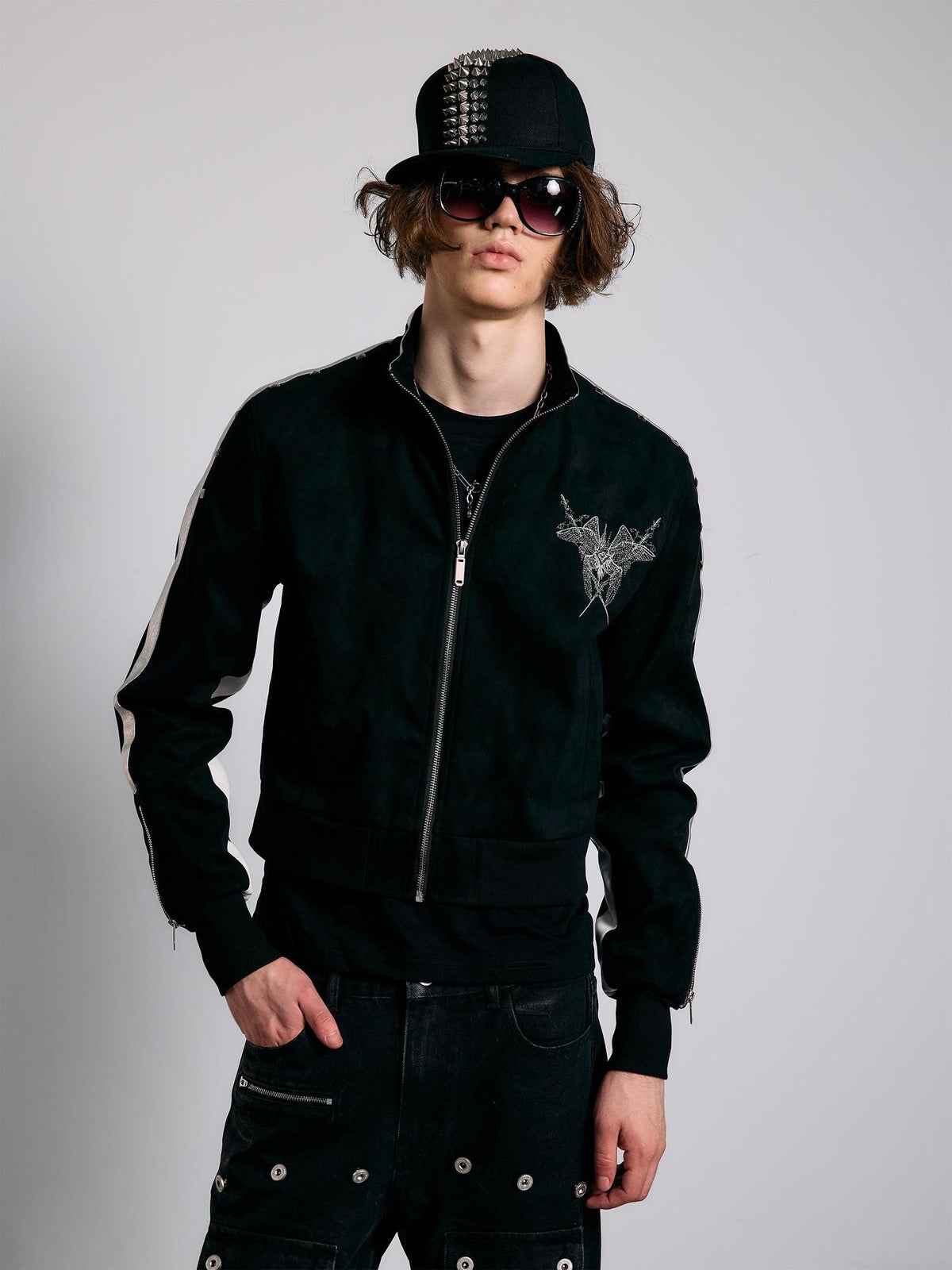 PAIKI Angel Wings Studded Embroidered Faux Suede Women's Harrington Jackets