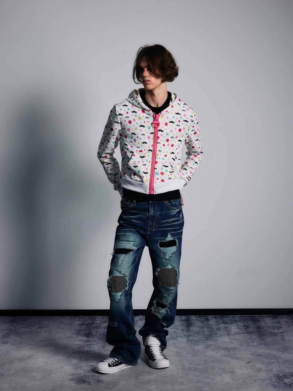 PAIKI Beard Allover Print Polka Dot Camo Star Women's Polyester Zip-up Hoodies