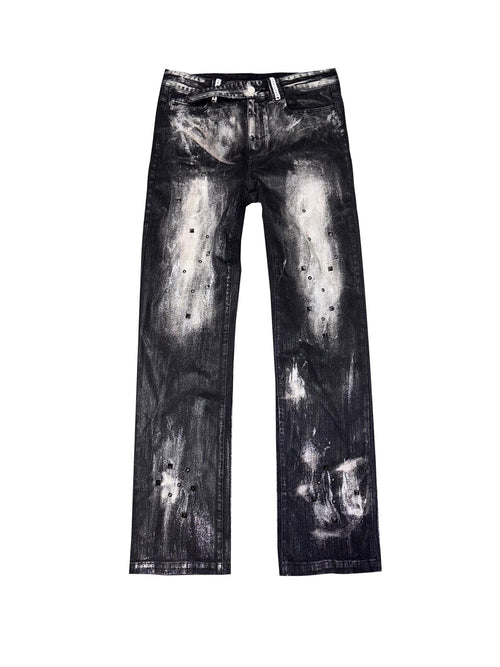 PAIKI Black Washed Distressed Low Rise Slim Fit Slight Stretch Denim Button Fly Straight Jeans
