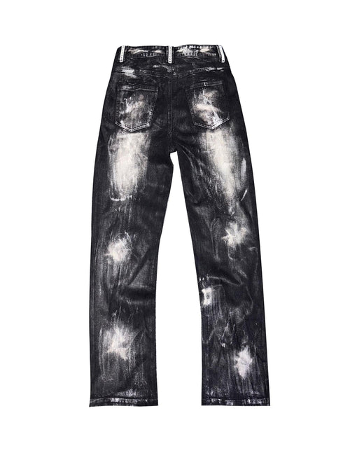 PAIKI Black Washed Distressed Low Rise Slim Fit Slight Stretch Denim Button Fly Straight Jeans