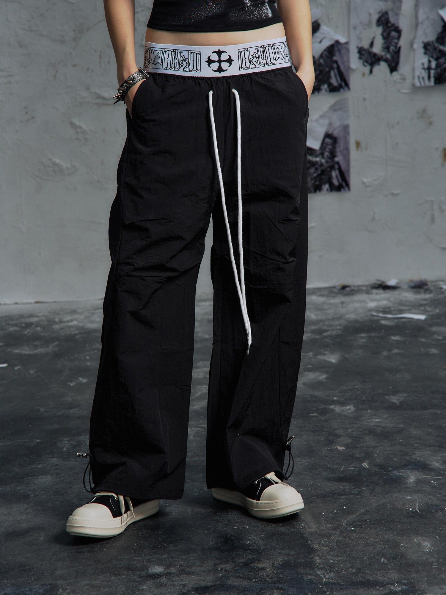 PAIKI Breathable Velvet Embroidered Mid Rise Drawstring Casual Youth Wide-Leg Pants