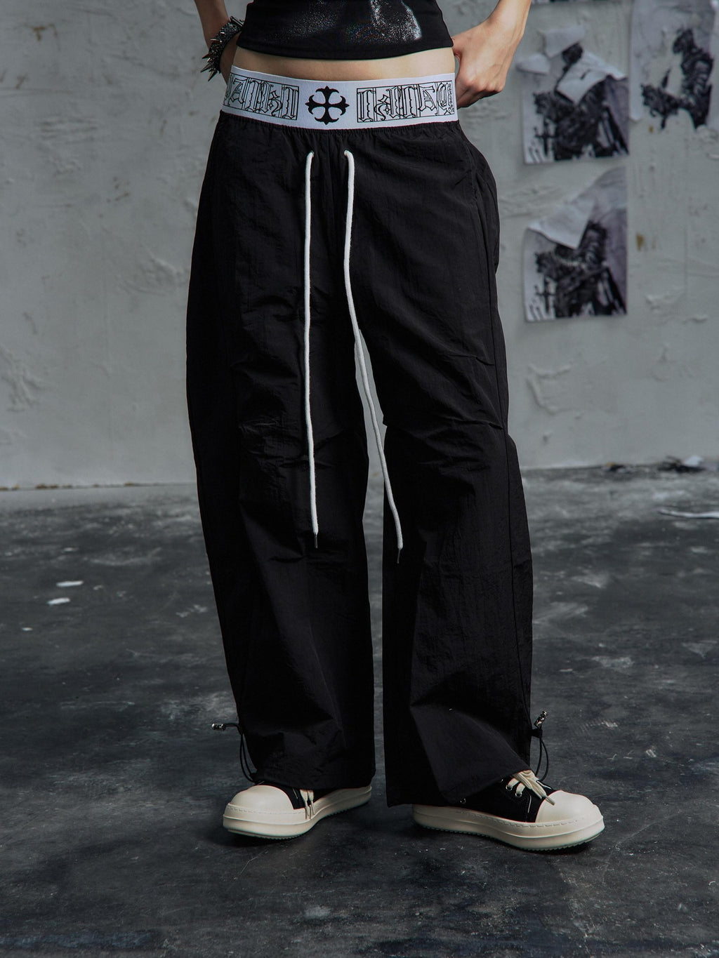 PAIKI Breathable Velvet Embroidered Mid Rise Drawstring Casual Youth Wide-Leg Pants