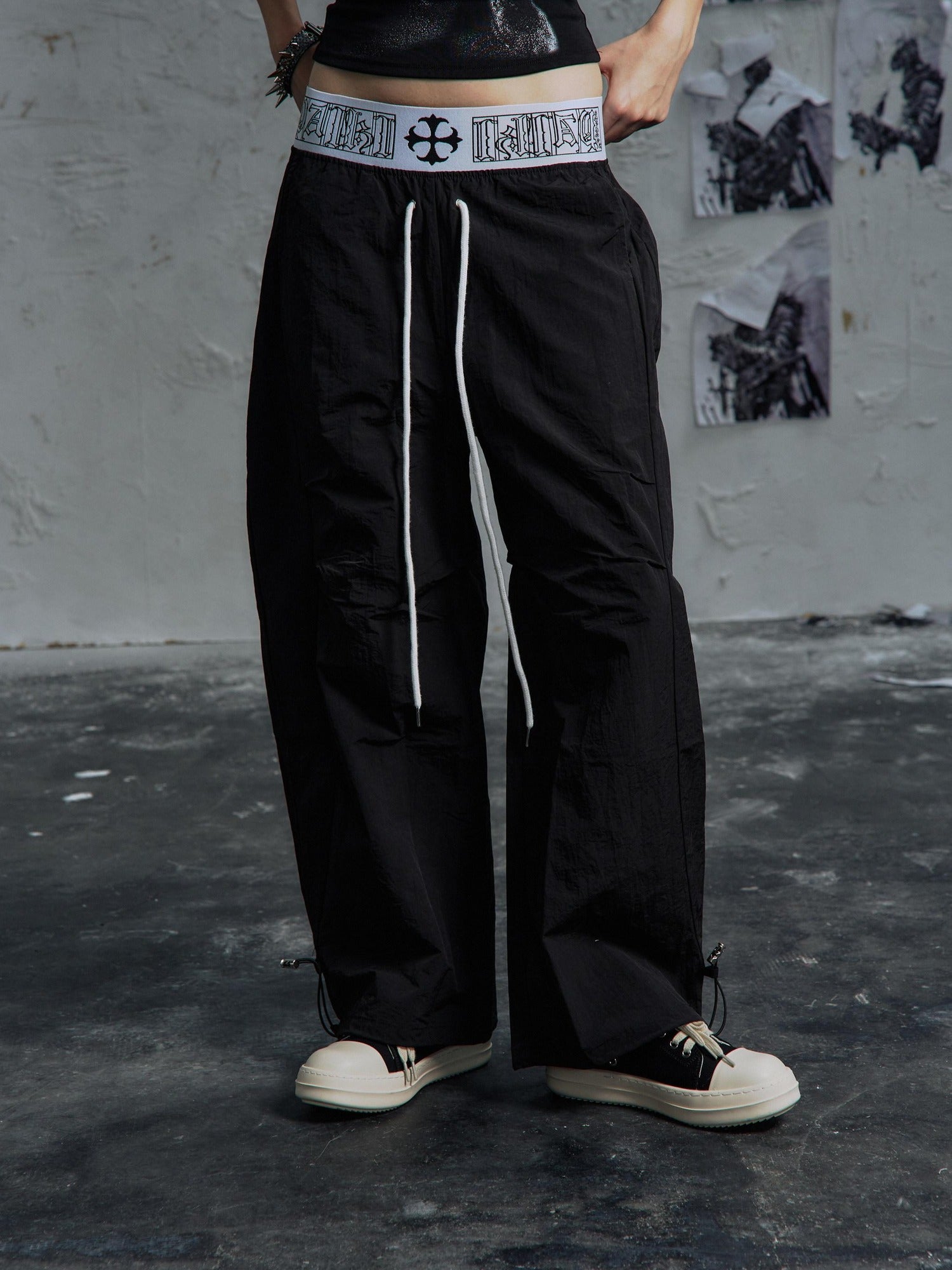 PAIKI Breathable Velvet Embroidered Mid Rise Drawstring Casual Youth Wide-Leg Pants