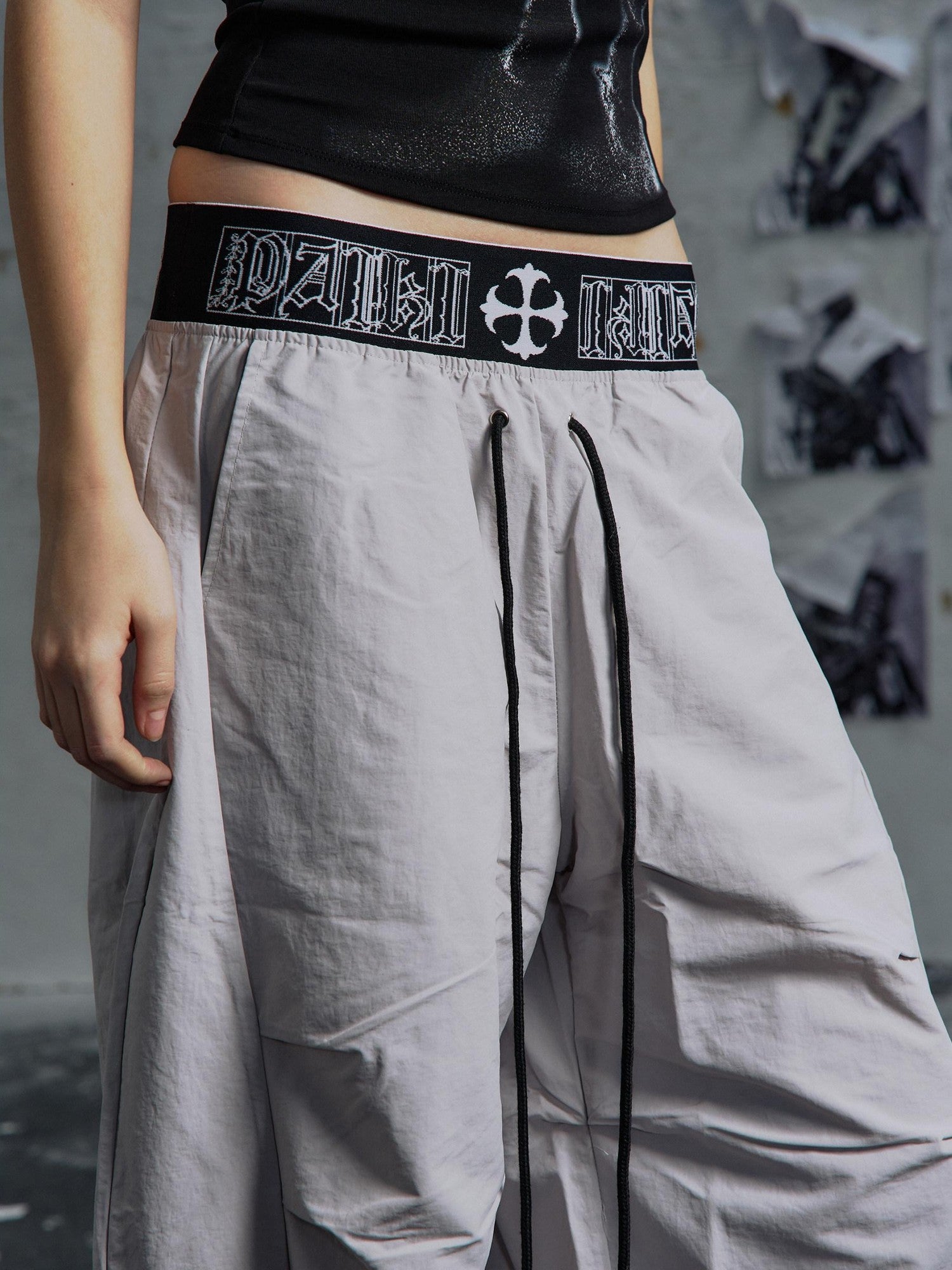 PAIKI Breathable Velvet Embroidered Mid Rise Drawstring Casual Youth Wide-Leg Pants